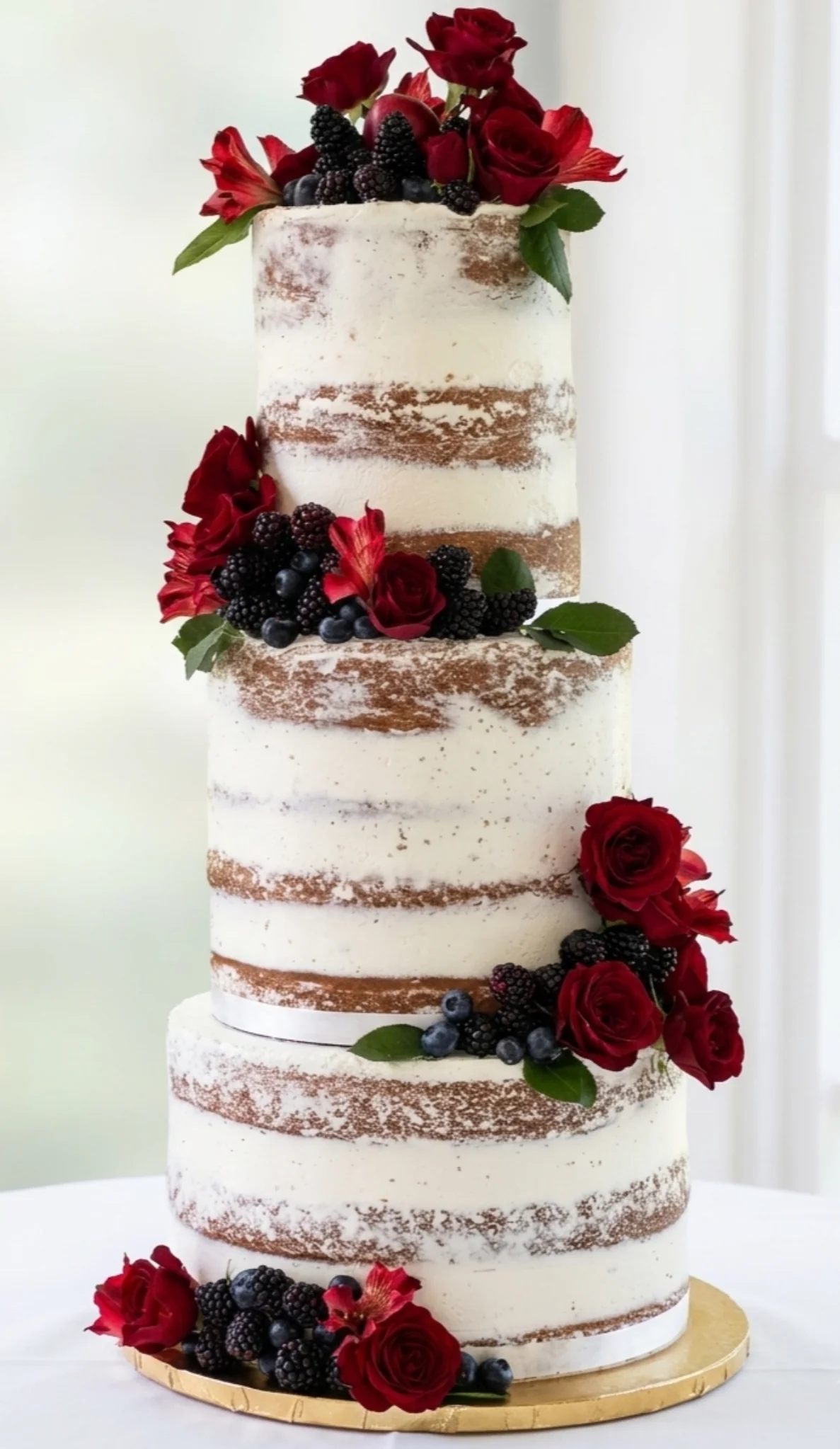 Three tier naked cake with red roses and berries for a quinceañera