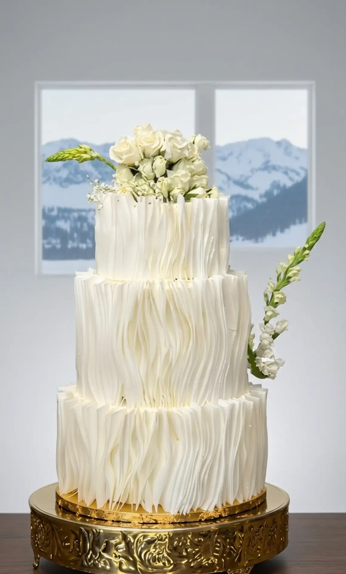 Three tier white wedding cake with ruffled wafer paper texture
