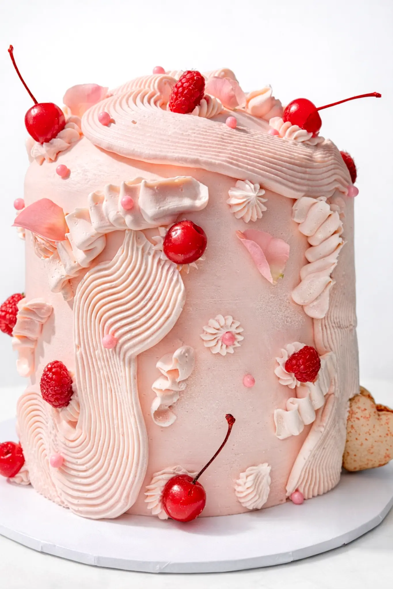 Pink vintage style express cake with piped buttercream, fresh cherries and raspberries