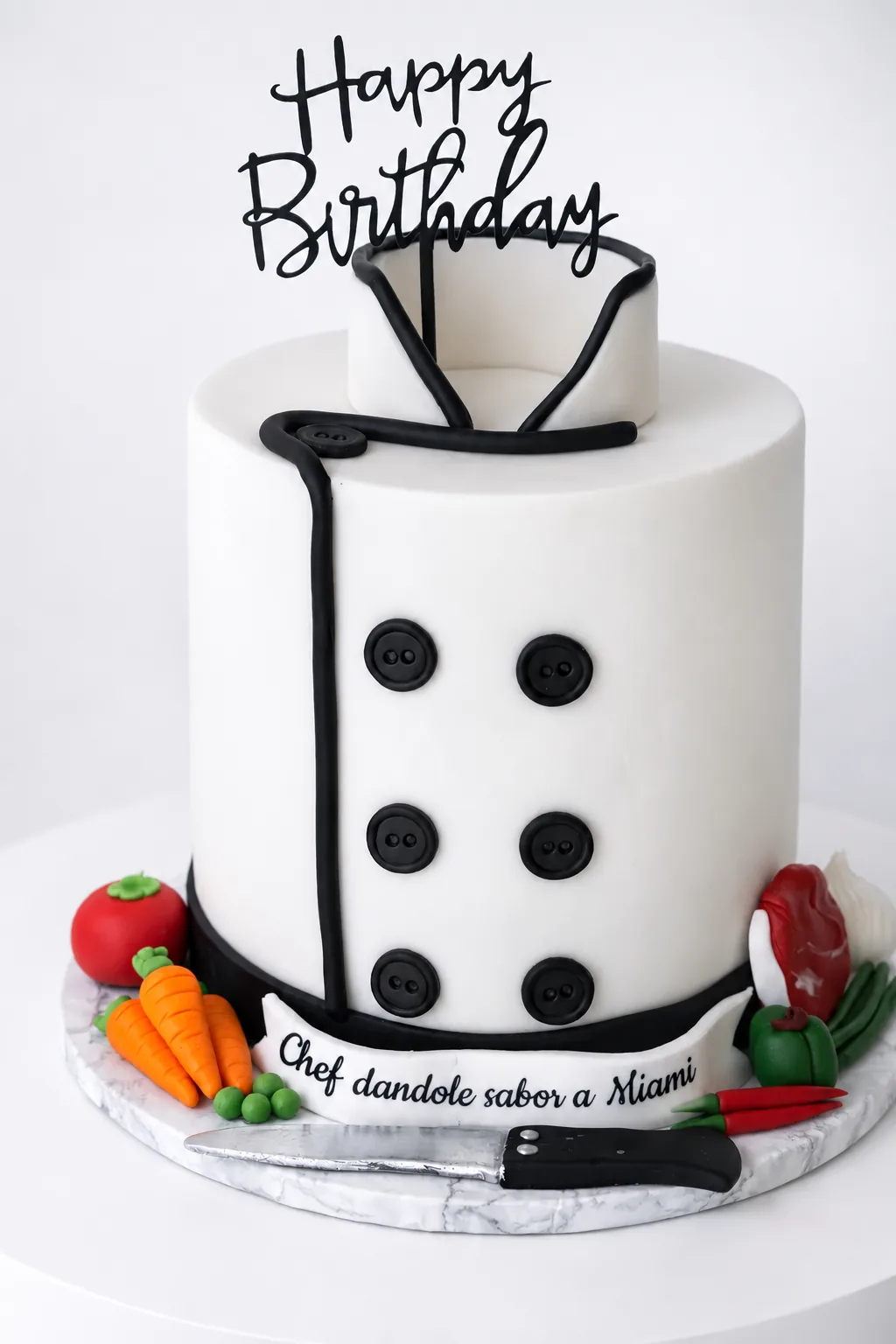 Chef jacket themed birthday cake with fondant buttons, vegetables and knife, Happy Birthday topper