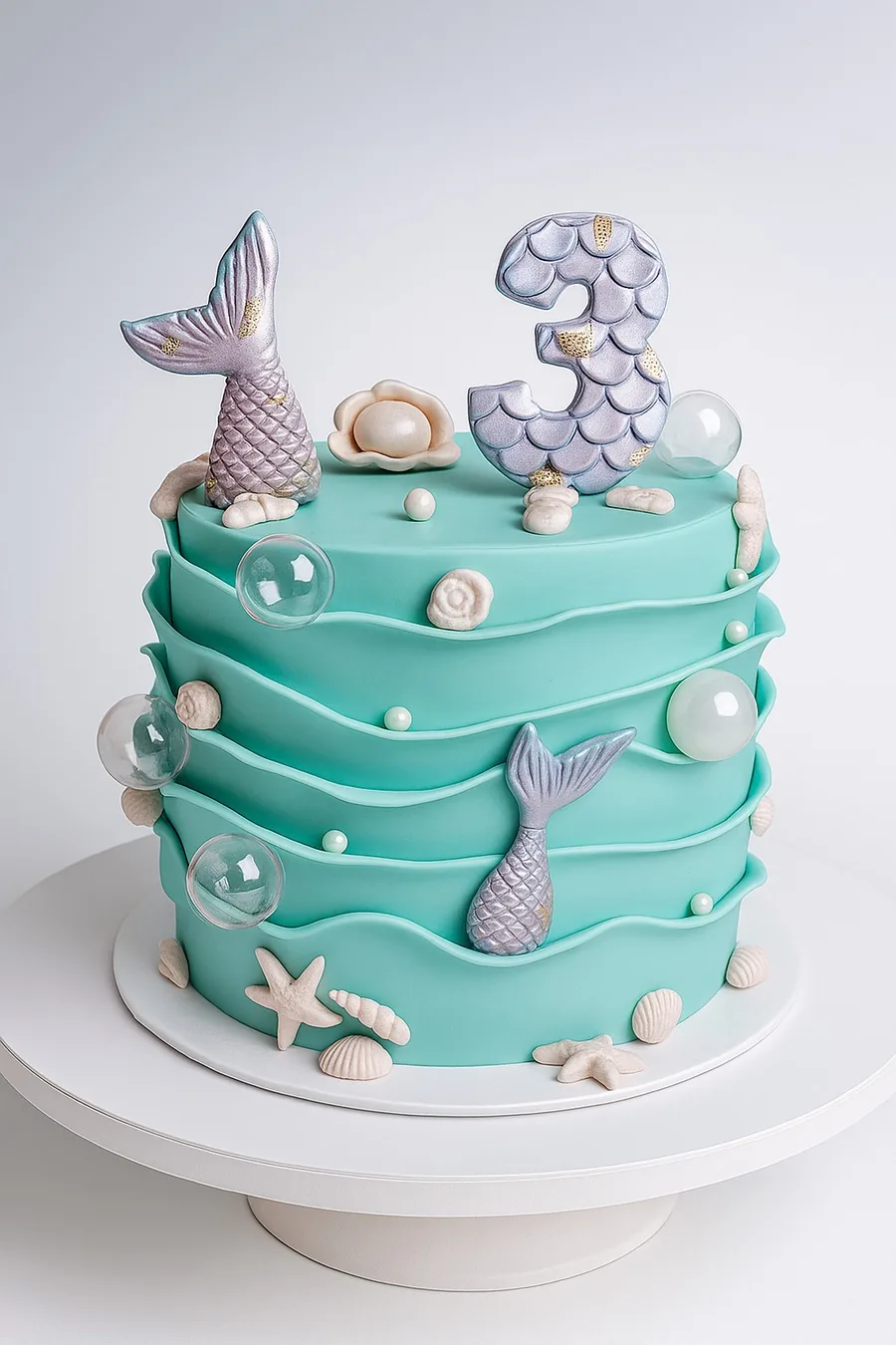 Turquoise mermaid themed birthday cake with fondant waves, mermaid tails and pearls